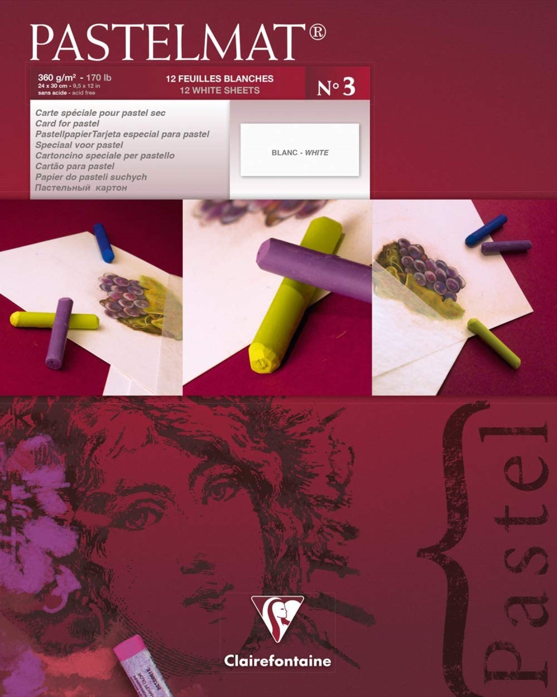Clairefontaine, blocco Pastelmat, 12 fogli Bianchi, 24 x 30 cm, 360 gr.