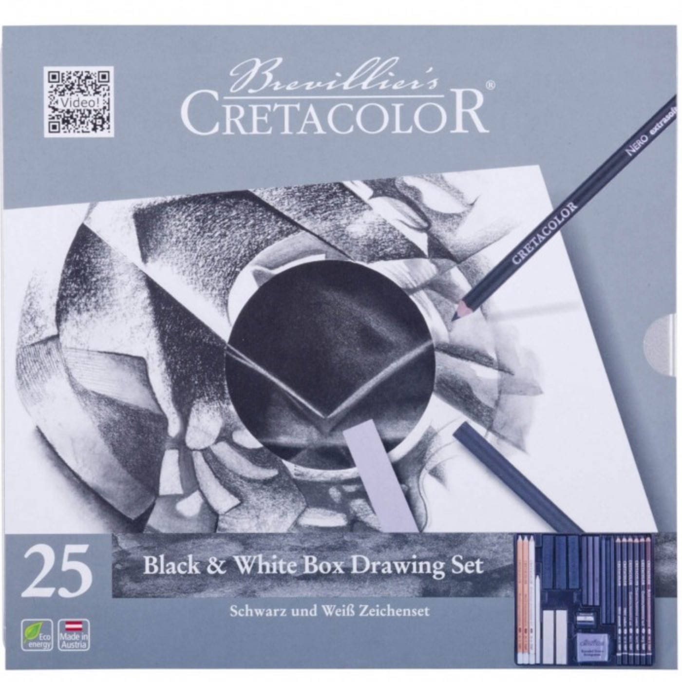 Cretacolor, black & white, drawing set, confezione in metallo, 25 pezzi