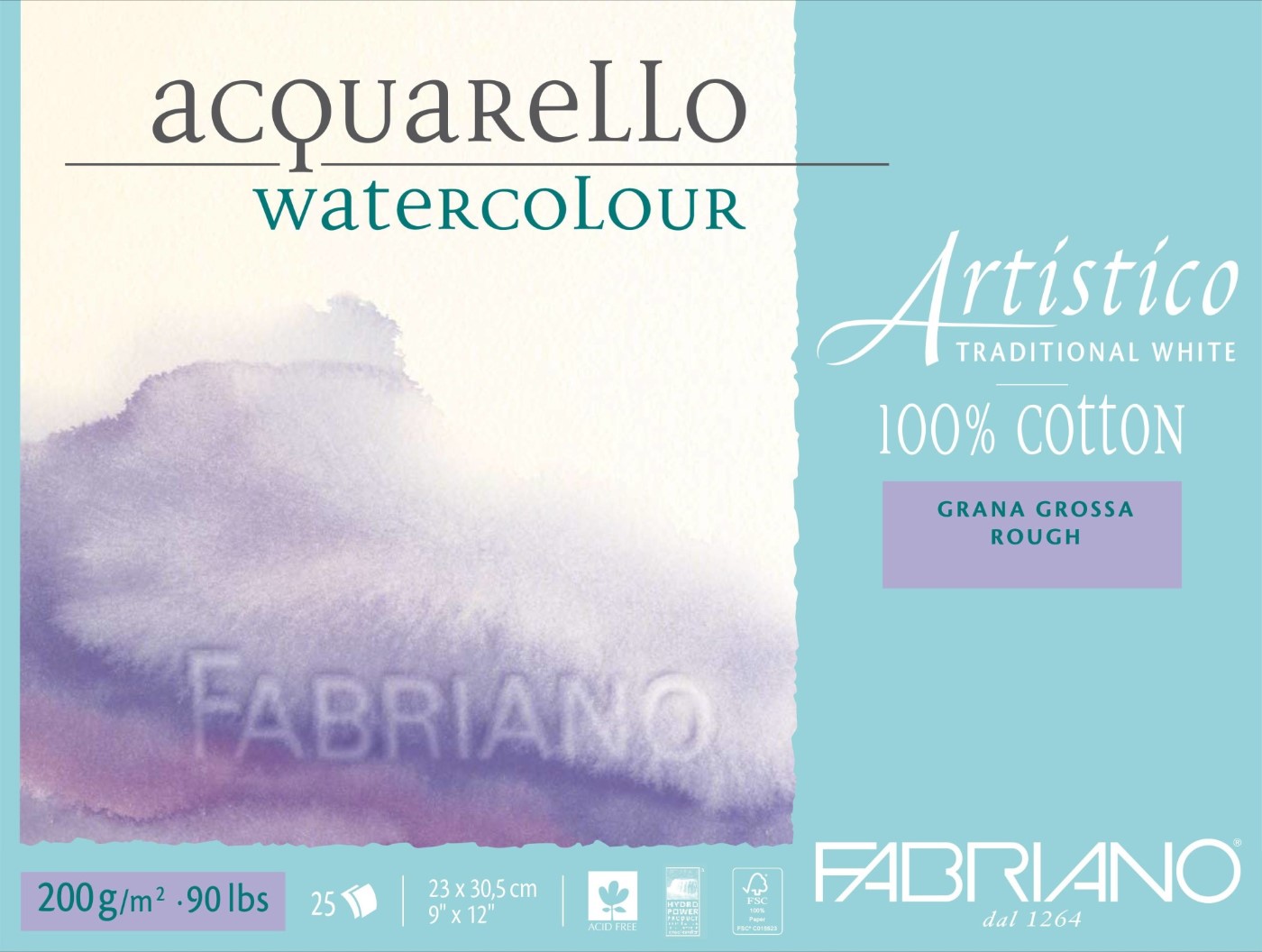 Fabriano, blocco acquarello artistico, grana grossa, 23 x 30,5 cm, 200 gr.