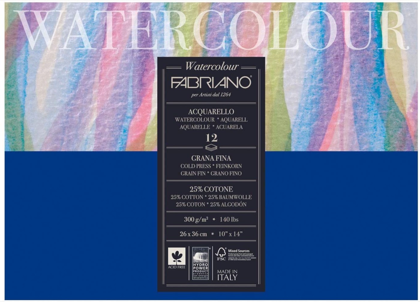 Fabriano, blocco Acquarello, Watercolour, 12 fogli, 26 x 36 cm, 300gr