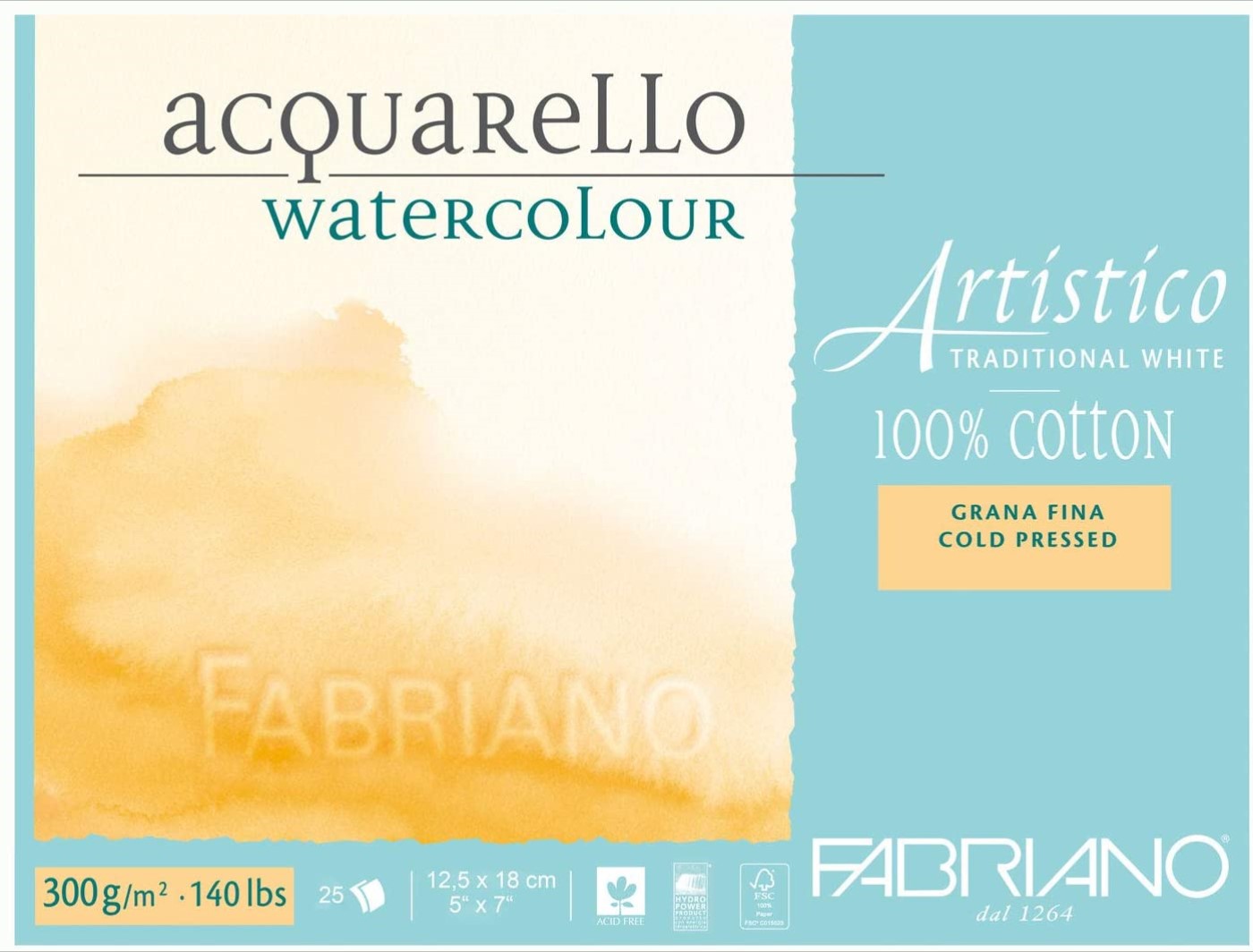 Fabriano, blocco acquarello artistico, grana fina, 23 x 30,5 cm, 300 gr.