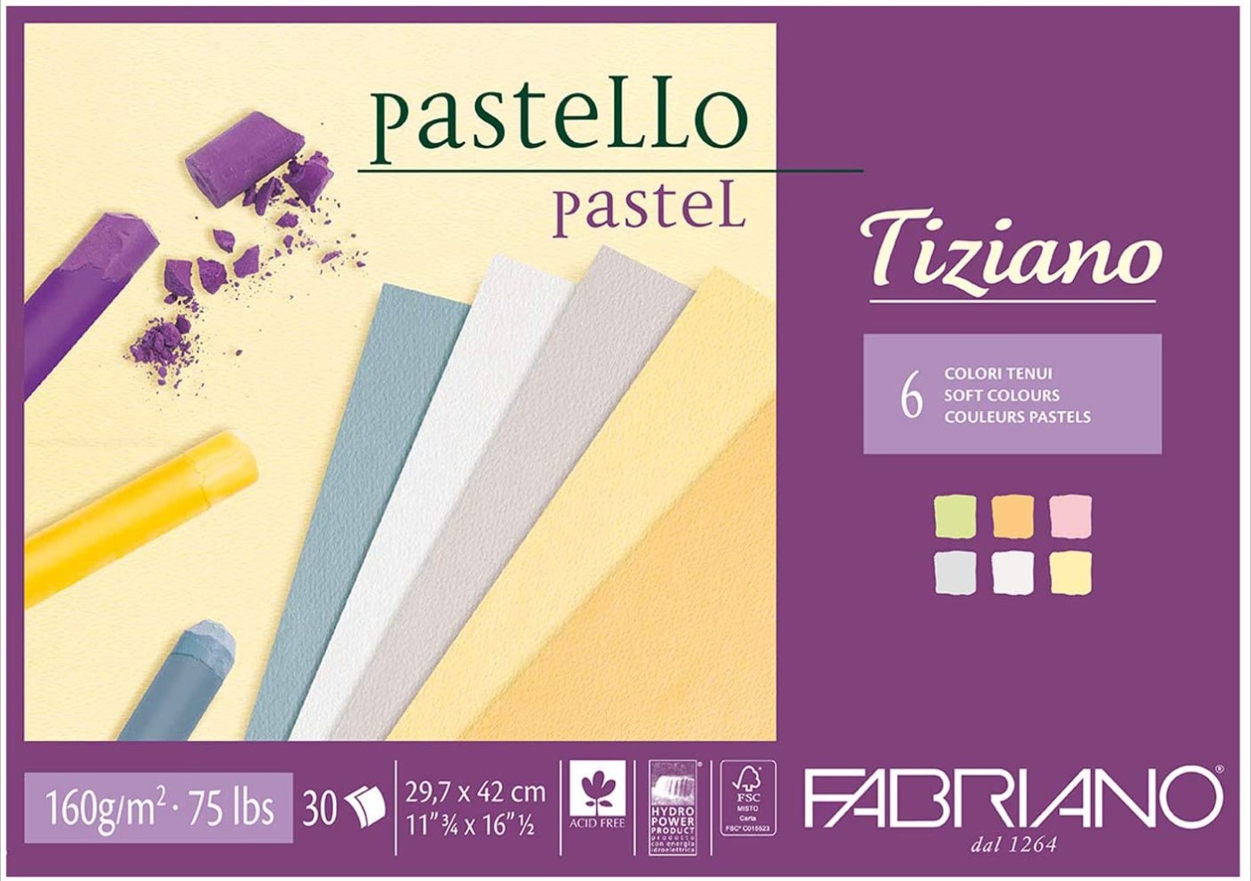 Fabriano, blocco Tiziano, 6 colori tenui, A3, 160 gr.