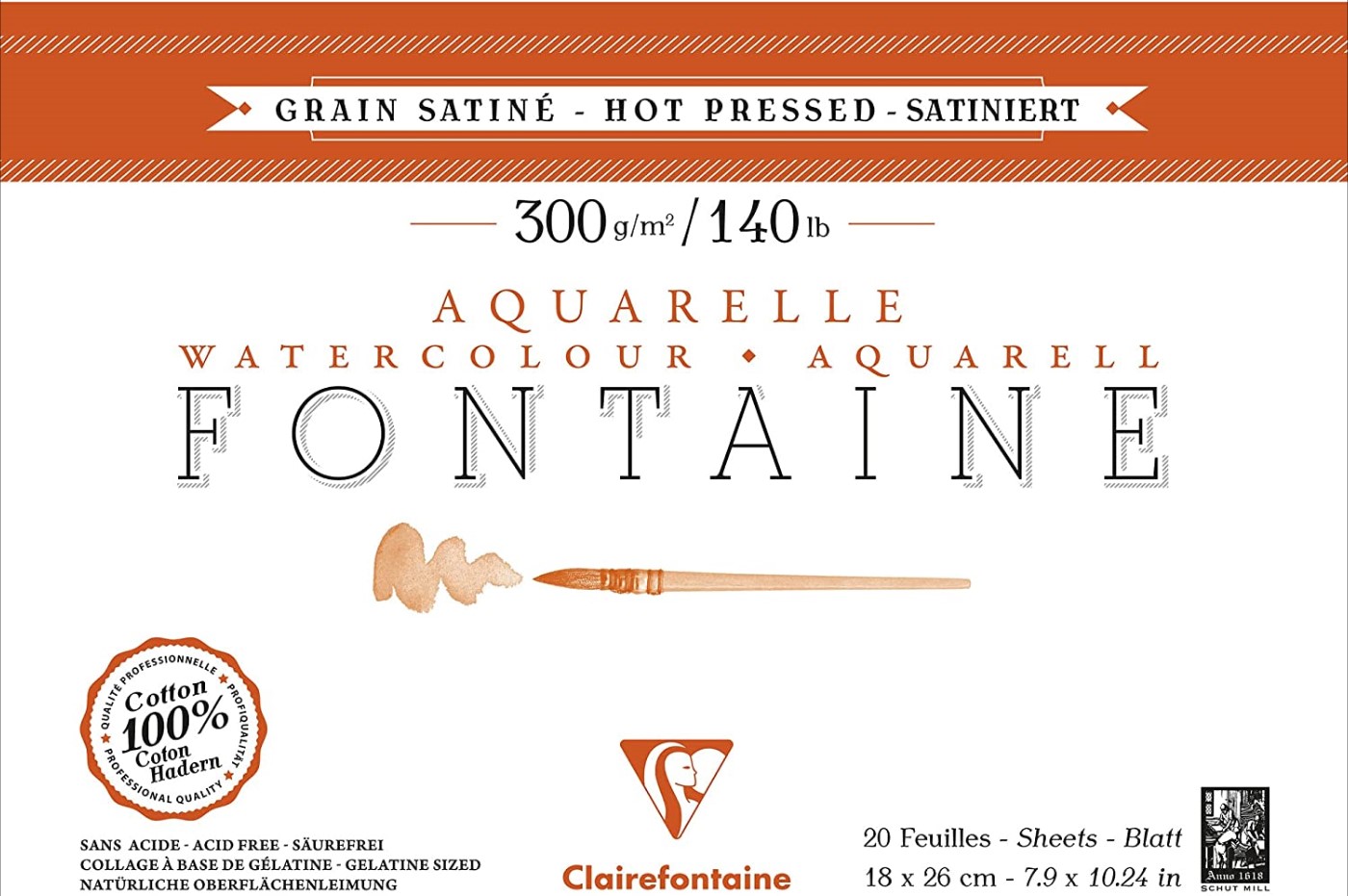 Clairefntaine, blocco Fontaine Aquarelle, grana satinata, 18 x 26 cm, 300 gr.