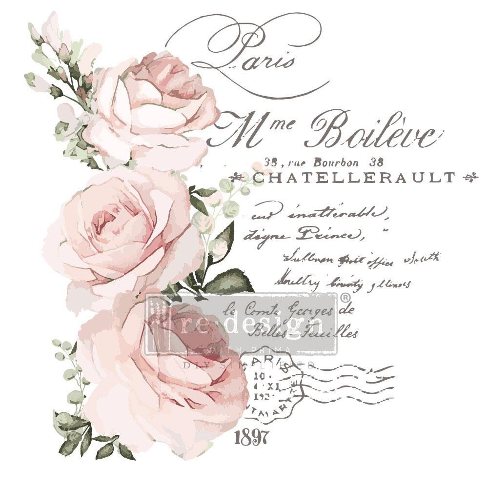 Transfer decorativo con rose rosa in stile acquerello, scritte francesi e dettagli vintage parigini per mobili e complementi d'arredo.