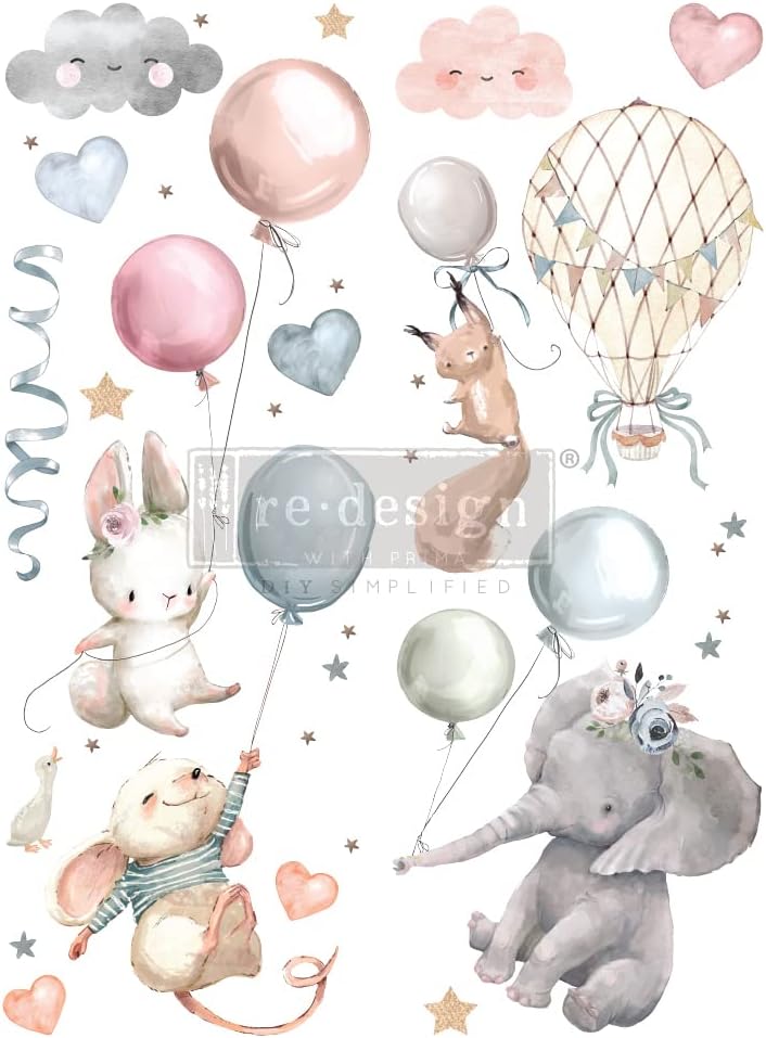 Transfer decorativo baby con coniglietto, elefantino, topolino, palloncini color pastello e mongolfiera. Ideale per decorare camerette, mobili e nursery.