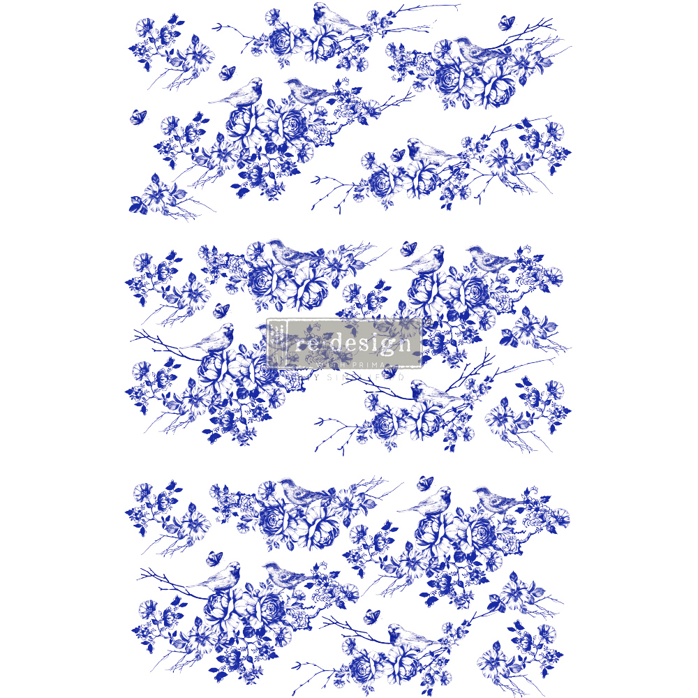 Transfer decorativo blu con uccellini, rose e rami fioriti in stile porcellana. Ideale per mobili, lampade e decorazioni classiche.